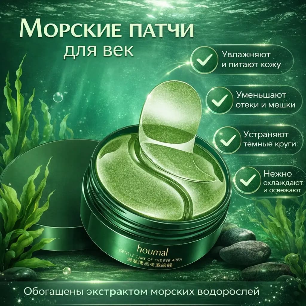 HOUMAI Гидрогелевые патчи для глаз с экстрактом морских водорослей Seaweed Bouncing Soft Eye Mask
