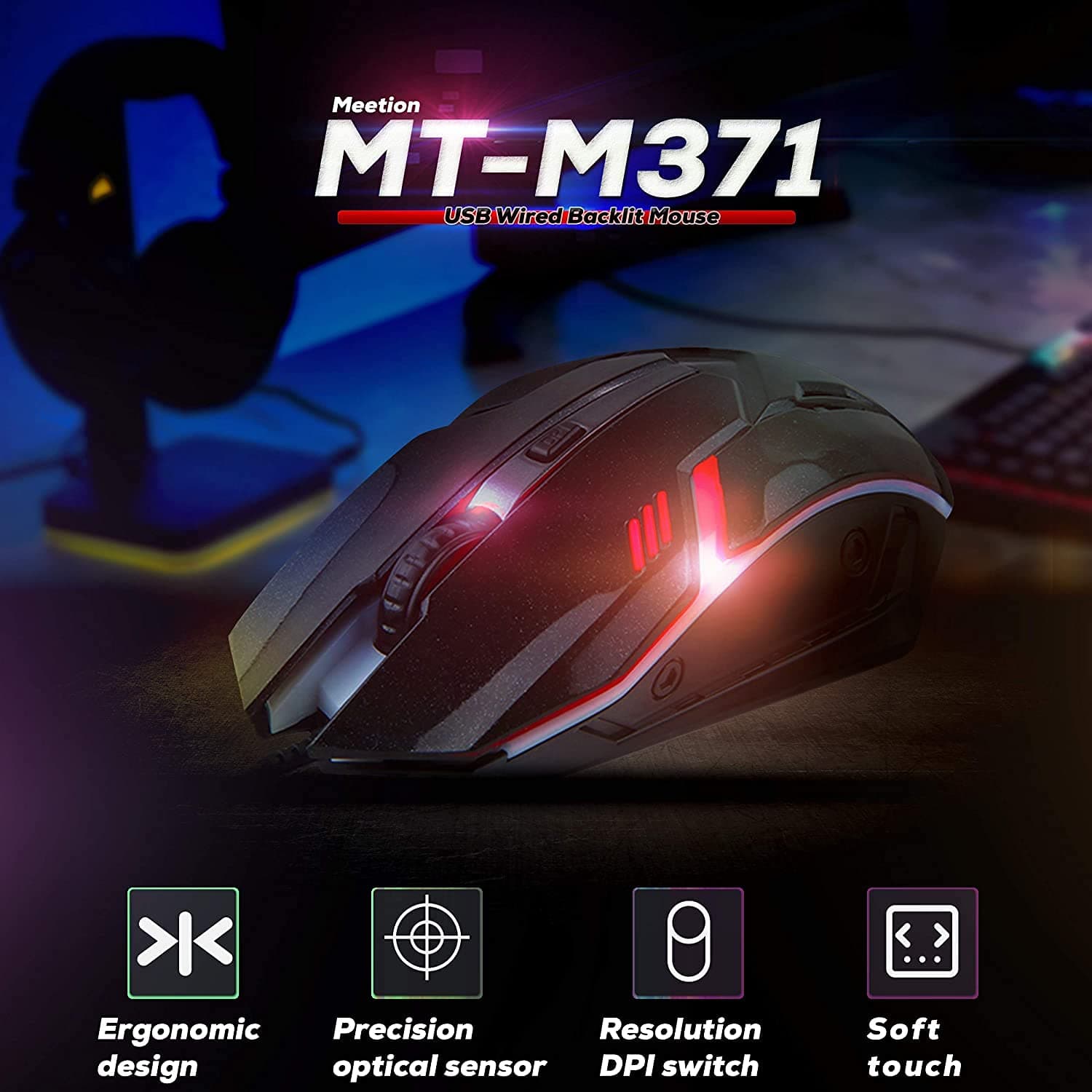 Мышь игровая компьютерная MEETION MT-M371 Black c RGB подсветкой