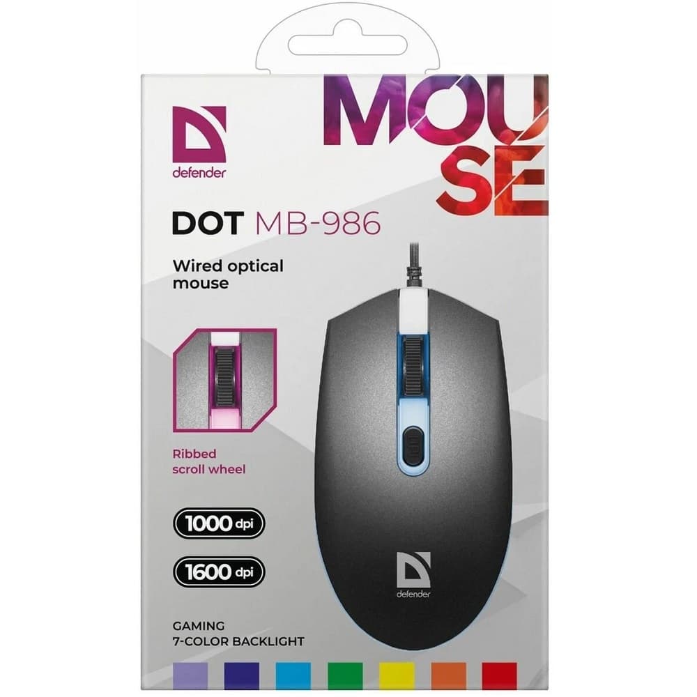 Проводная мышь Defender Dot MB-986 RGB 7 цветов, 3 кнопки, черная