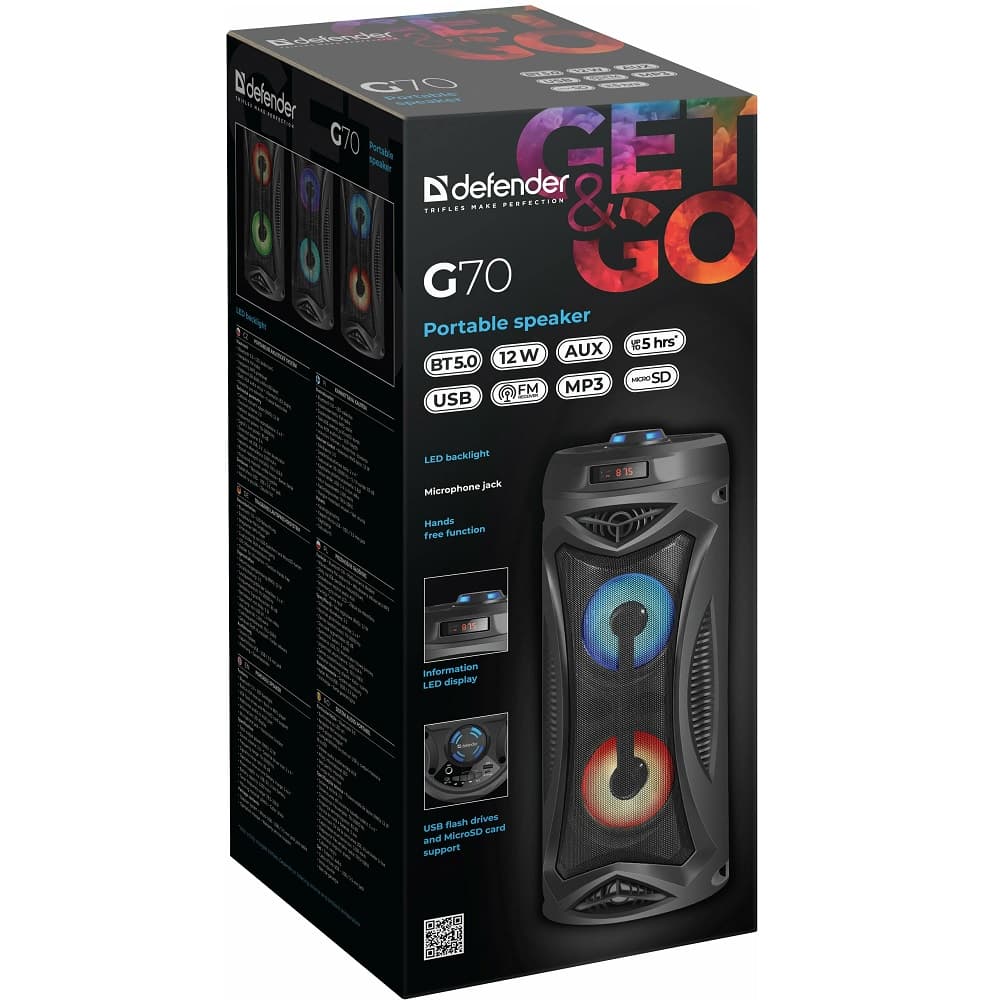 Портативная колонка Defender G70, 12 Вт, Bluetooth, FM, USB, TF, MIC, LED-подсветка, черная