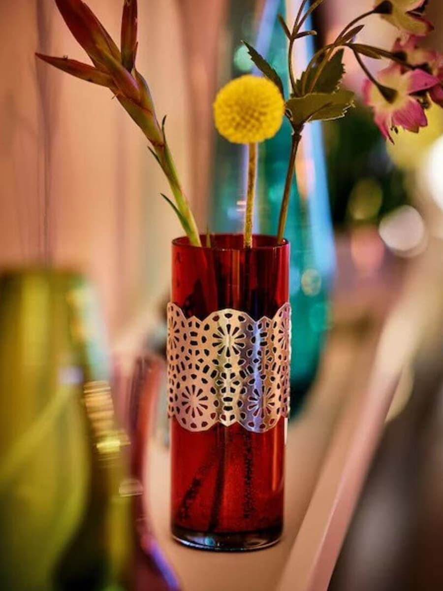 Ваза IKEA HEMBJUDEN красный/серебристый цвет, 13 см