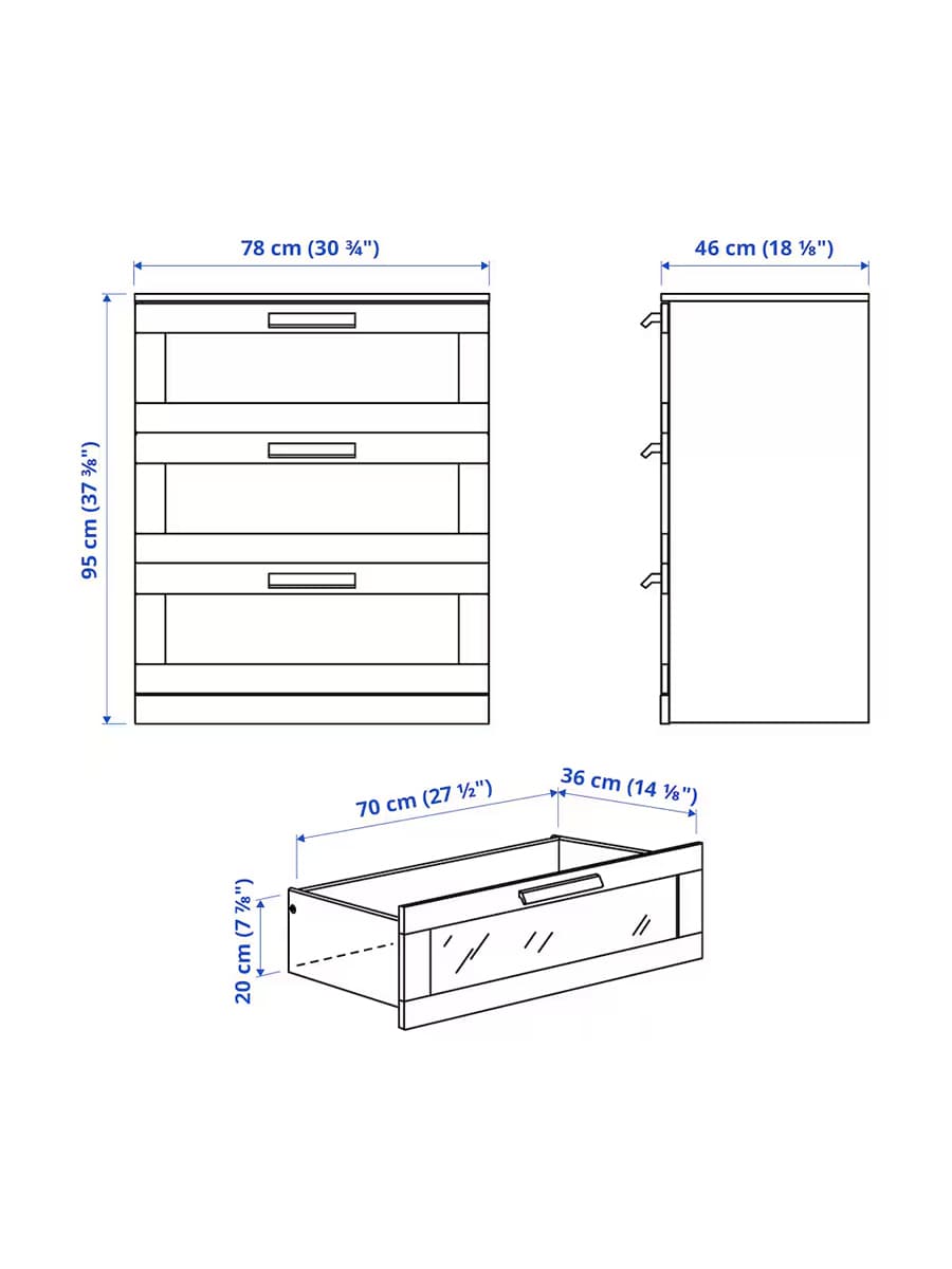 Комод с 3 ящиками IKEA BRIMNES, белый/матовое стекло, 78x95 см
