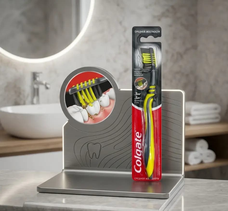 Зубная щетка Colgate ЗигЗаг «Древесный уголь» средней жесткости, жёлтая