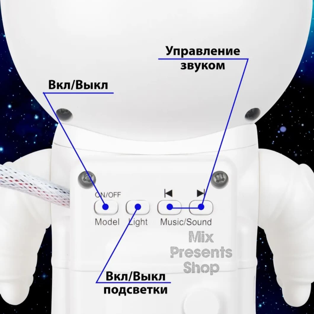 Ночник Звездное небо Астронавт (музыка, Bluetooth, пульт, проекция луны )