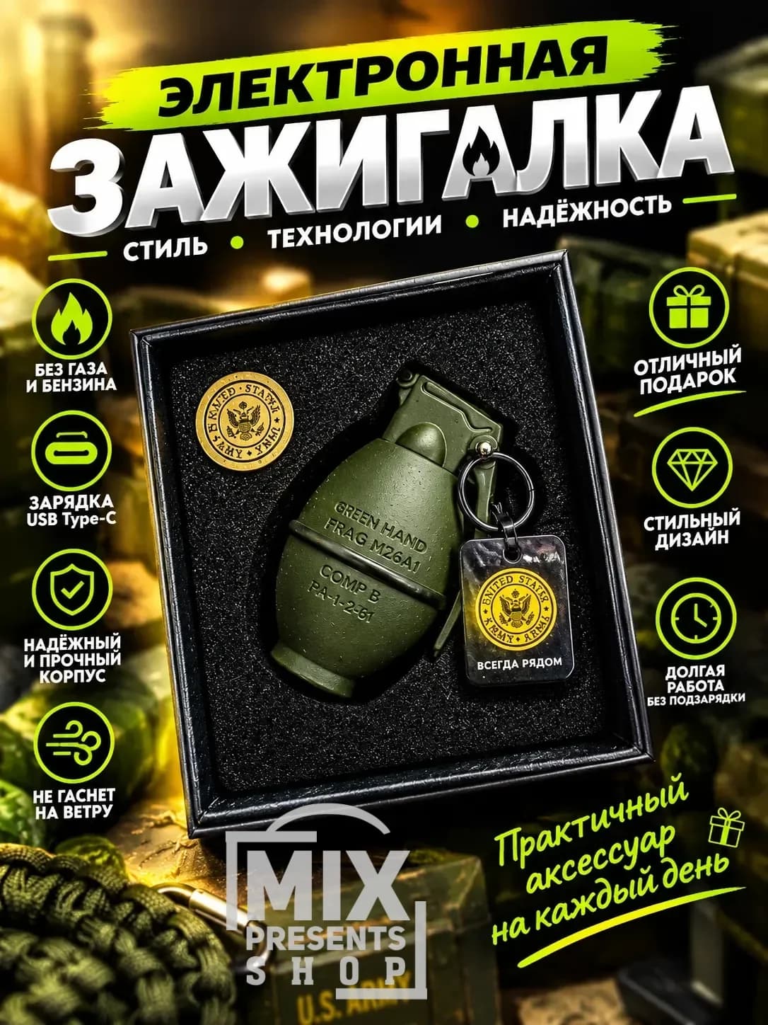 Зажигалка электронная "Grenade" USB брелок